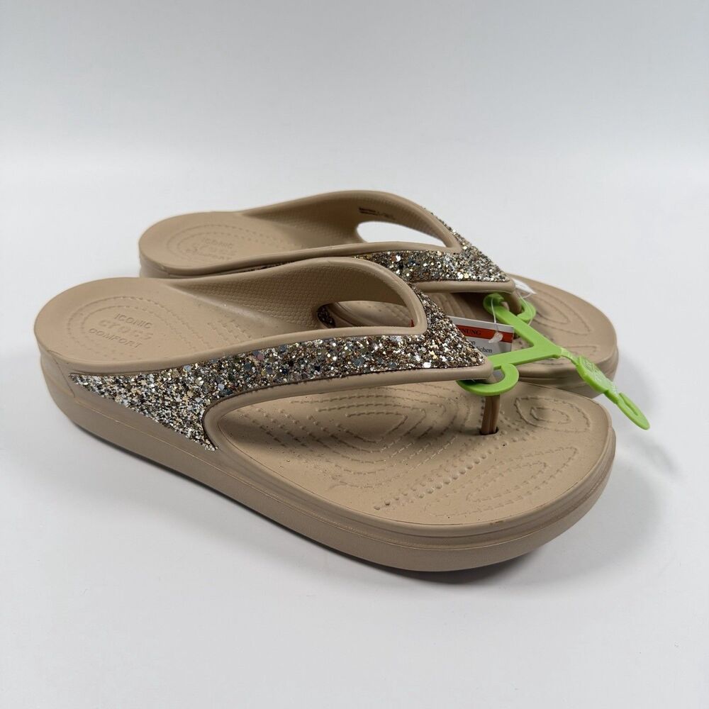 Crocs Sloane Glitter Flip Flop Wedge Sandals Women's Beige Size 8 NEW